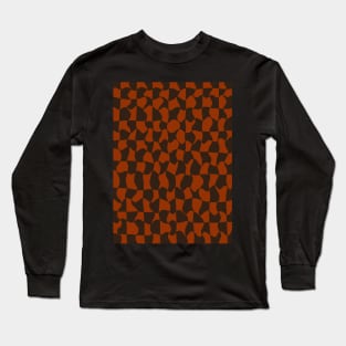 Brown and Orange Distorted Warped Checkerboard Pattern V Long Sleeve T-Shirt